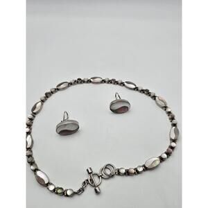 Accleoni Sterling Silver Necklace Earrings Set MOP Inlay